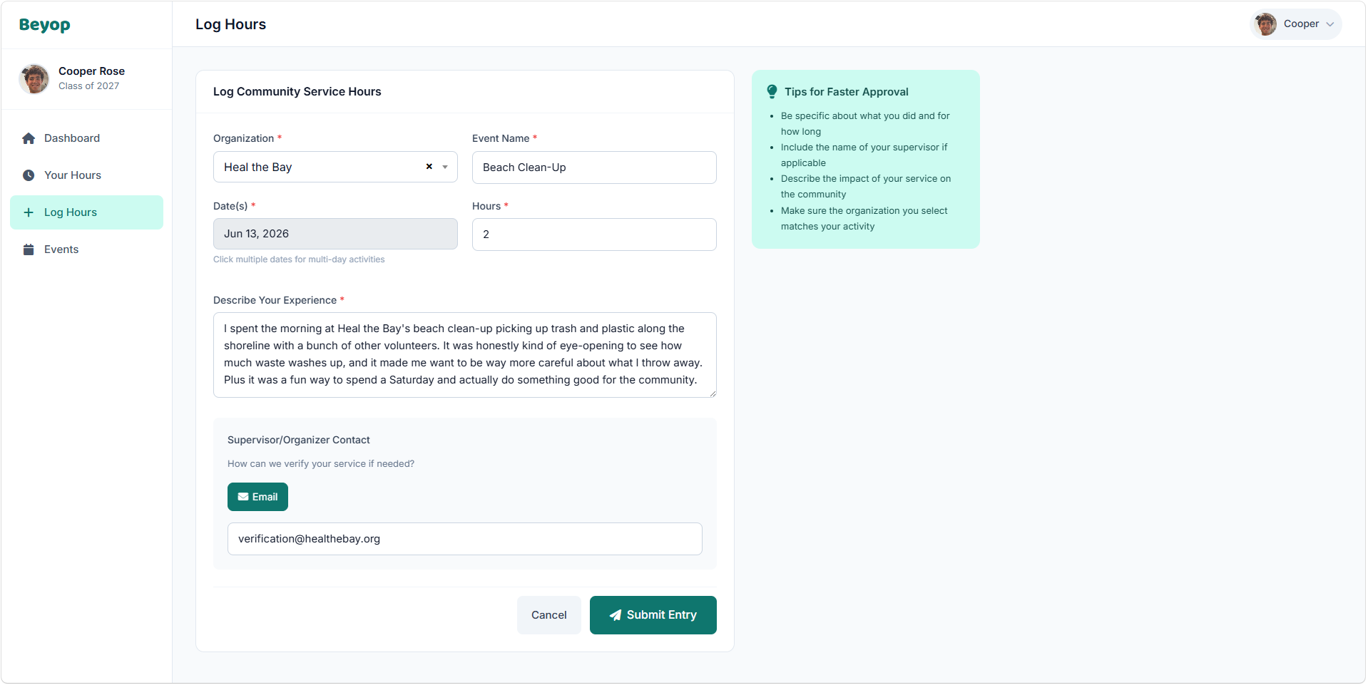 Beyop log-hours form where a student enters their organization, event, dates, hours, a description, and their supervisor's email for verification.